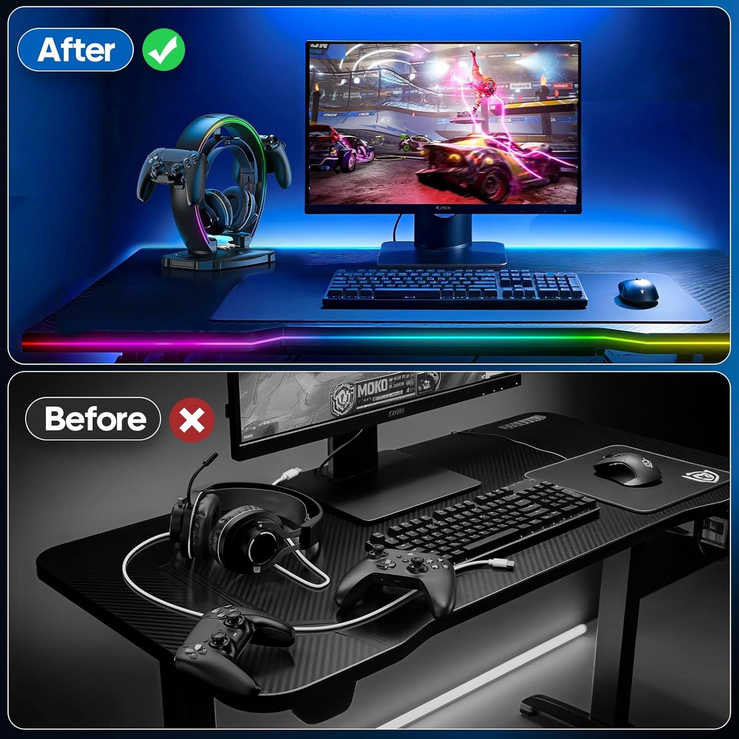 KDD LED Headphone Stand with 9 Light Modes – Gaming Headset Holder Desk – Foldable Controller Holder with Cable Organizer – Headset and Controller Stand for Gamers PC Gaming Accessories