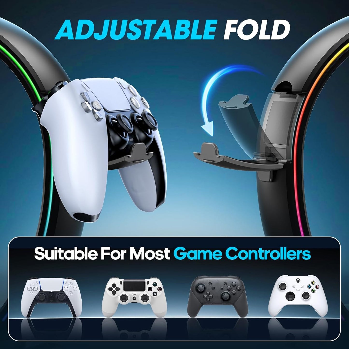 KDD LED Headphone Stand with 9 Light Modes – Gaming Headset Holder Desk – Foldable Controller Holder with Cable Organizer – Headset and Controller Stand for Gamers PC Gaming Accessories