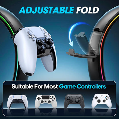 KDD LED Headphone Stand with 9 Light Modes – Gaming Headset Holder Desk – Foldable Controller Holder with Cable Organizer – Headset and Controller Stand for Gamers PC Gaming Accessories