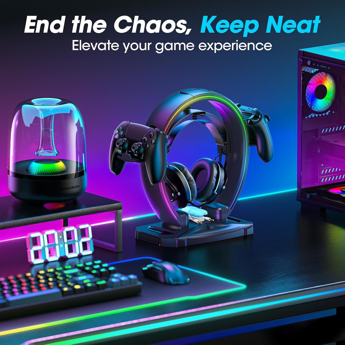 KDD LED Headphone Stand with 9 Light Modes – Gaming Headset Holder Desk – Foldable Controller Holder with Cable Organizer – Headset and Controller Stand for Gamers PC Gaming Accessories