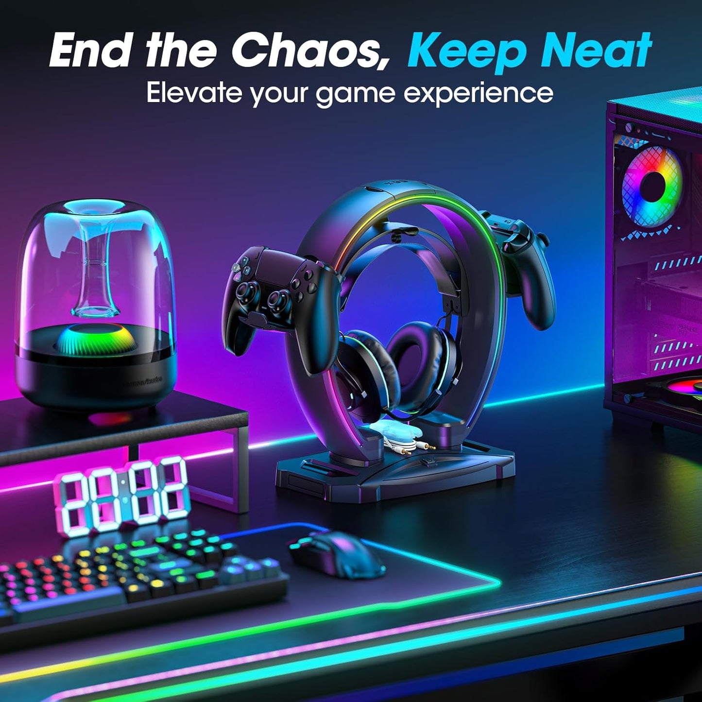 KDD LED Headphone Stand with 9 Light Modes – Gaming Headset Holder Desk – Foldable Controller Holder with Cable Organizer – Headset and Controller Stand for Gamers PC Gaming Accessories