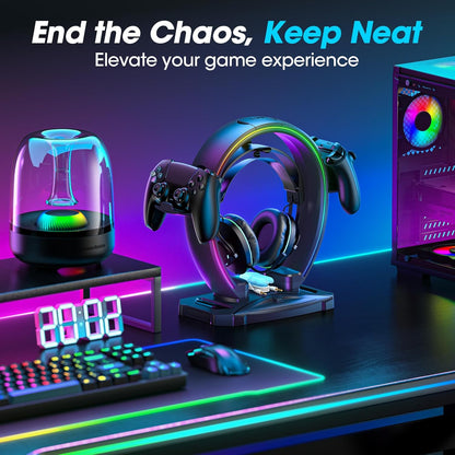 KDD LED Headphone Stand with 9 Light Modes – Gaming Headset Holder Desk – Foldable Controller Holder with Cable Organizer – Headset and Controller Stand for Gamers PC Gaming Accessories