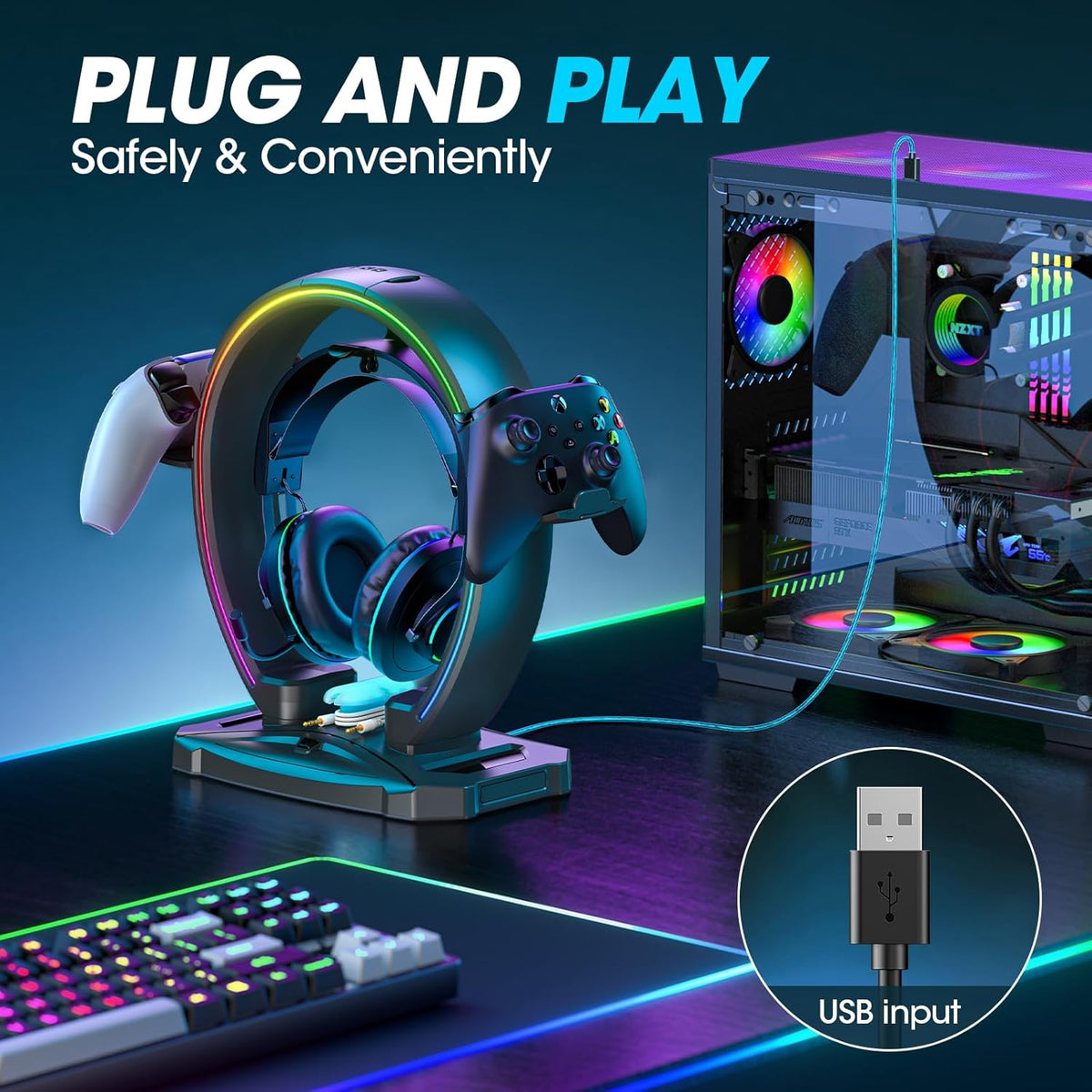 KDD LED Headphone Stand with 9 Light Modes – Gaming Headset Holder Desk – Foldable Controller Holder with Cable Organizer – Headset and Controller Stand for Gamers PC Gaming Accessories