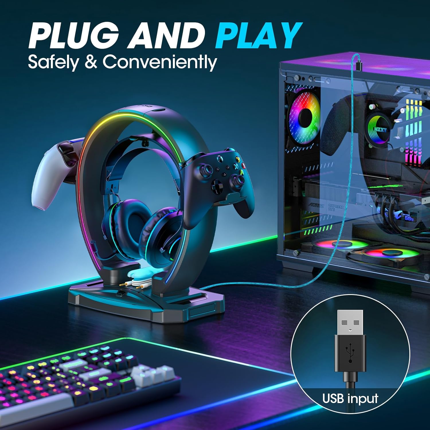 KDD LED Headphone Stand with 9 Light Modes – Gaming Headset Holder Desk – Foldable Controller Holder with Cable Organizer – Headset and Controller Stand for Gamers PC Gaming Accessories