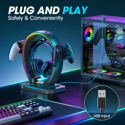 KDD LED Headphone Stand with 9 Light Modes – Gaming Headset Holder Desk – Foldable Controller Holder with Cable Organizer – Headset and Controller Stand for Gamers PC Gaming Accessories