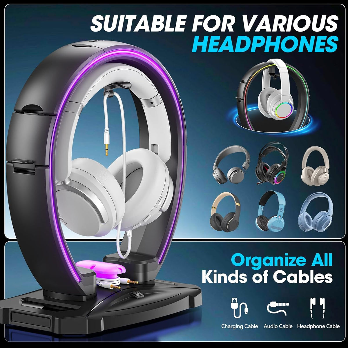 KDD LED Headphone Stand with 9 Light Modes – Gaming Headset Holder Desk – Foldable Controller Holder with Cable Organizer – Headset and Controller Stand for Gamers PC Gaming Accessories