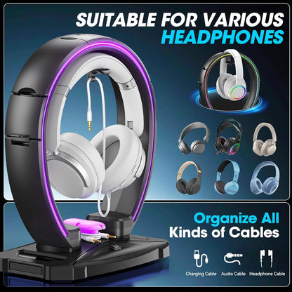 KDD LED Headphone Stand with 9 Light Modes – Gaming Headset Holder Desk – Foldable Controller Holder with Cable Organizer – Headset and Controller Stand for Gamers PC Gaming Accessories