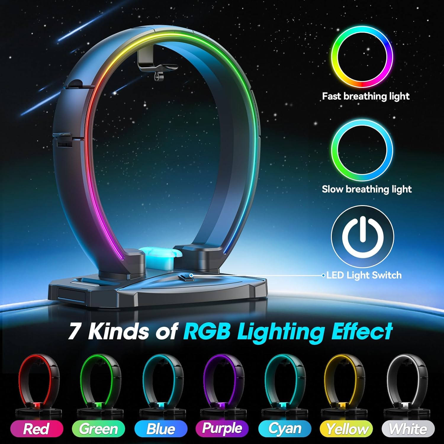KDD LED Headphone Stand with 9 Light Modes – Gaming Headset Holder Desk – Foldable Controller Holder with Cable Organizer – Headset and Controller Stand for Gamers PC Gaming Accessories