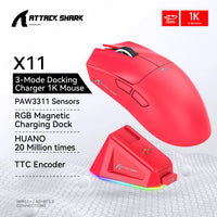 Attack Shark X11 Wireless Mouse,Bluetooth/2.4G/wired Tri-Mode Mouse ,PAW3311 RGB Magnetic charging dock Gaming Mouse
