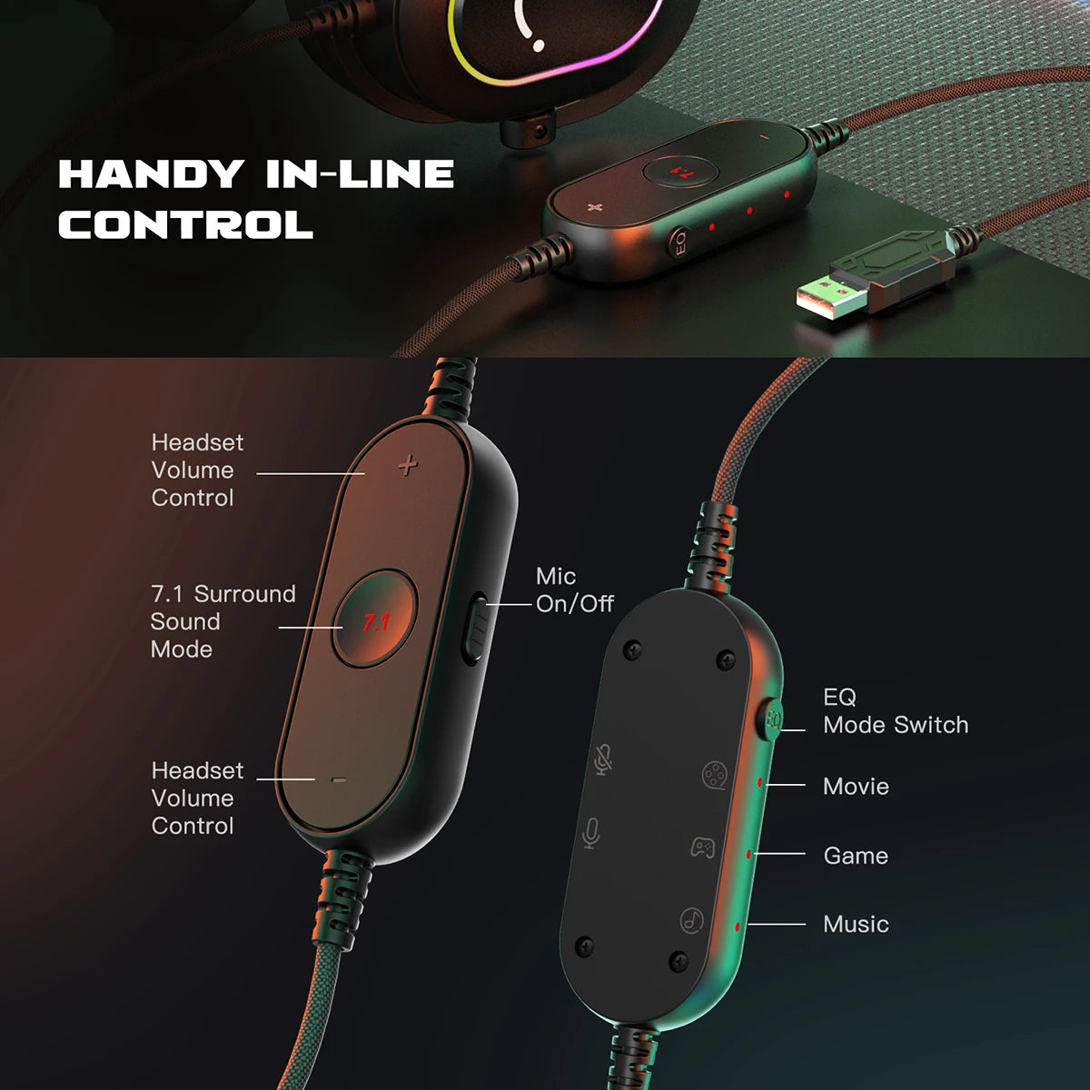Fifine RGB Gaming Headset mit Mikrofon – 7.1 Surround Sound, Over-Ear, PC/PS4/PS5