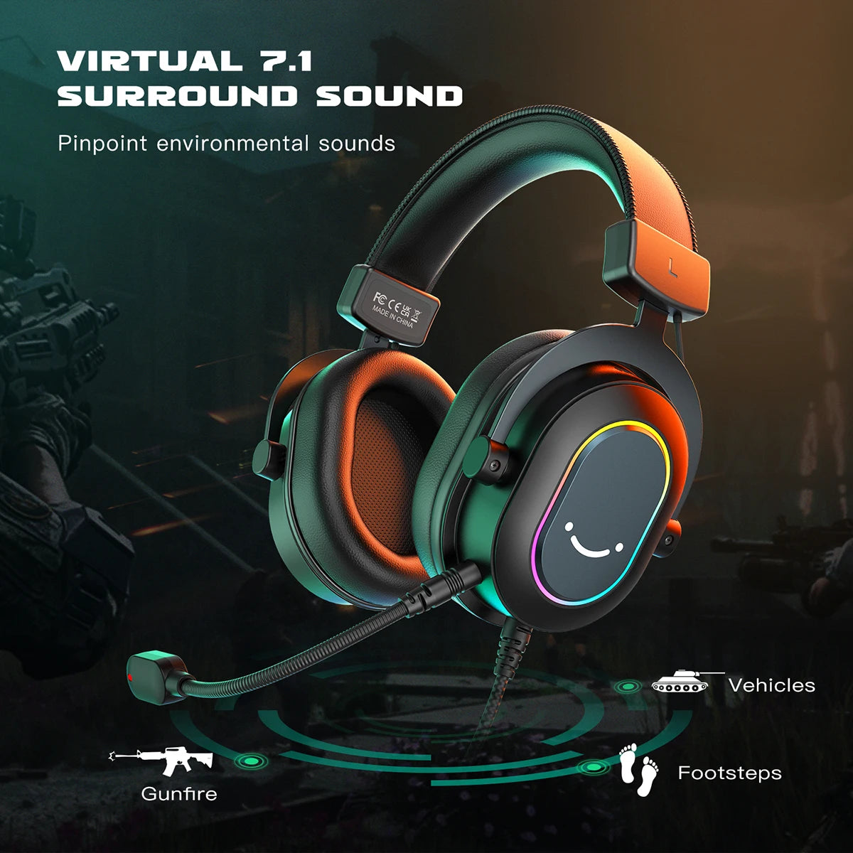 Fifine RGB Gaming Headset mit Mikrofon – 7.1 Surround Sound, Over-Ear, PC/PS4/PS5