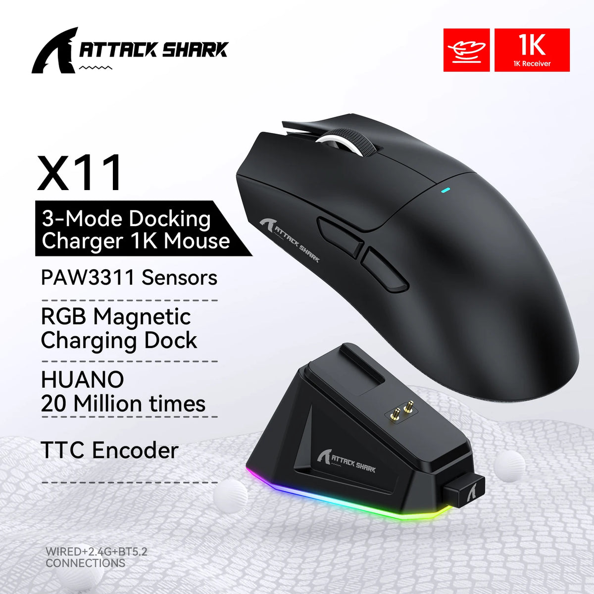 Kabellose Dual-Mode Gaming Maus – Transparent, 1600 DPI, Bluetooth & 2.4G