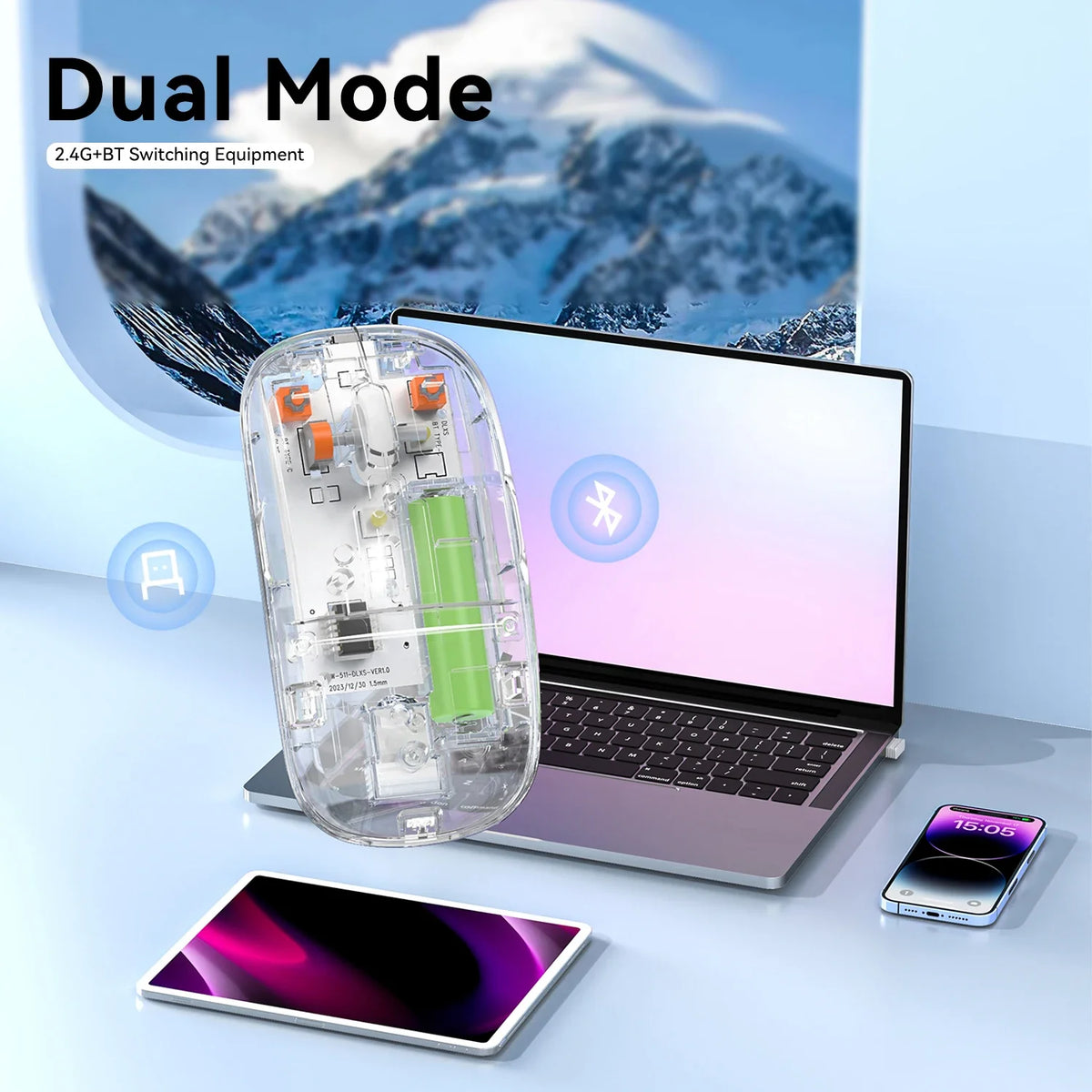 Dual-Mode Bluetooth Gaming Maus – Kabellos, 1600 DPI, Transparent Design