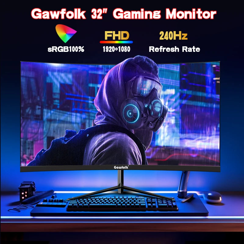 Gawfolk 32 Zoll Curved Gaming Monitor 240Hz, PC Bildschirm Full HD 1080P, Rahmenloses 1800R Computerbildschirm Mit FreeSync Und