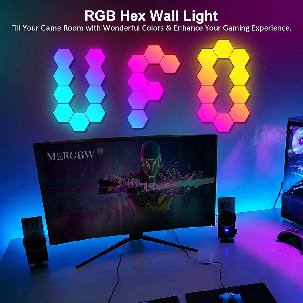 RGB Intelligent Hexagonal Wall Lamp Color Changing Ambient Night Light Hexagona Shape MeRGBW APP DIY Music Sync Game Room Home