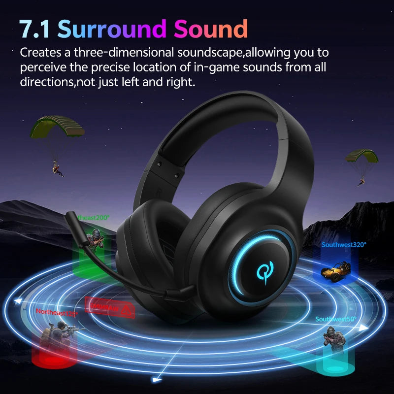 QCY Heroad V200 Over-Ear Headphones Bluetooth 6.0 Wireless Earphones 50mm Driver 7.1 Surround Sound RGB Gaming Headset with Mic