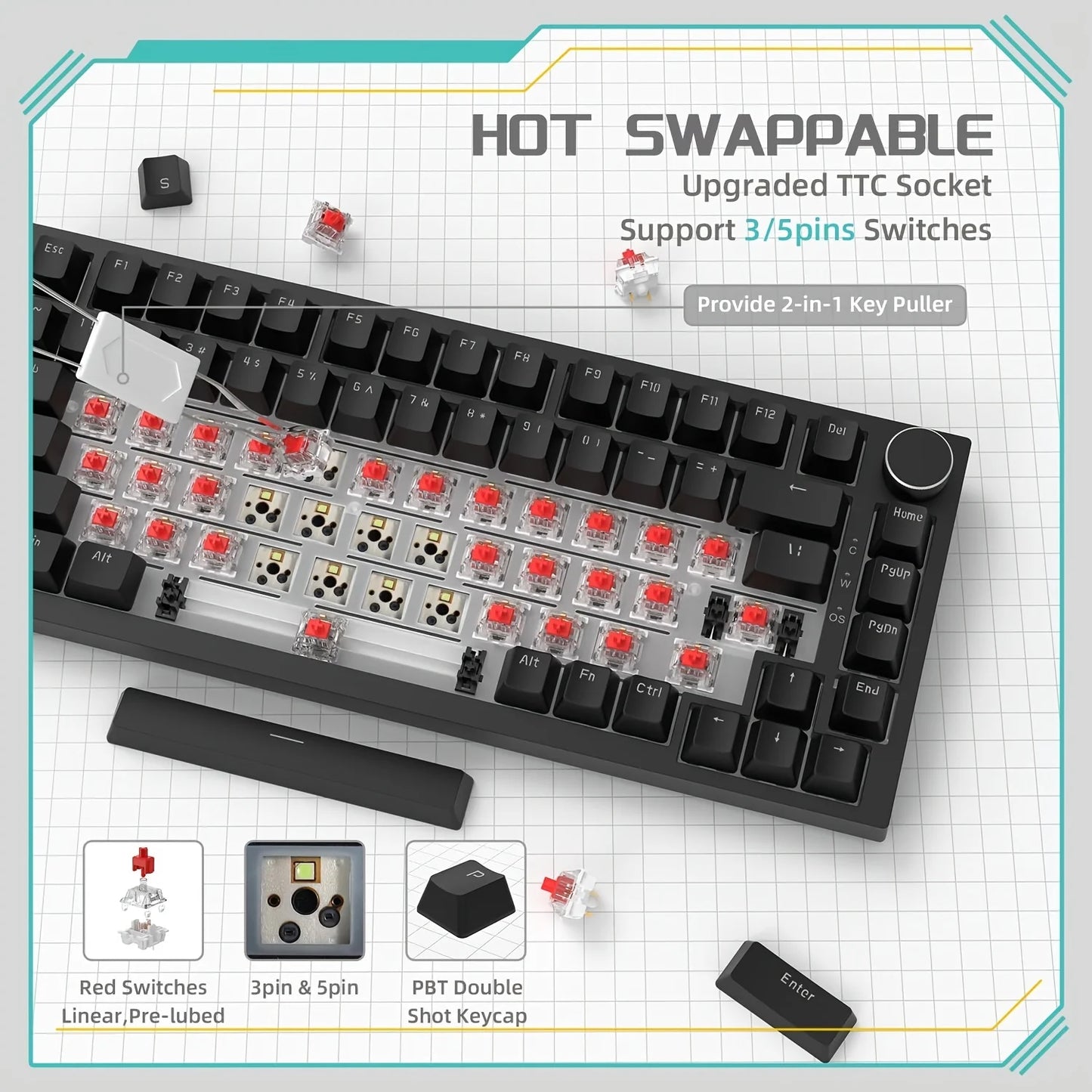 AJAZZ AK820 Mechanische Gaming Tastatur – Kabelgebunden, Hot-Swap, RGB Beleuchtung