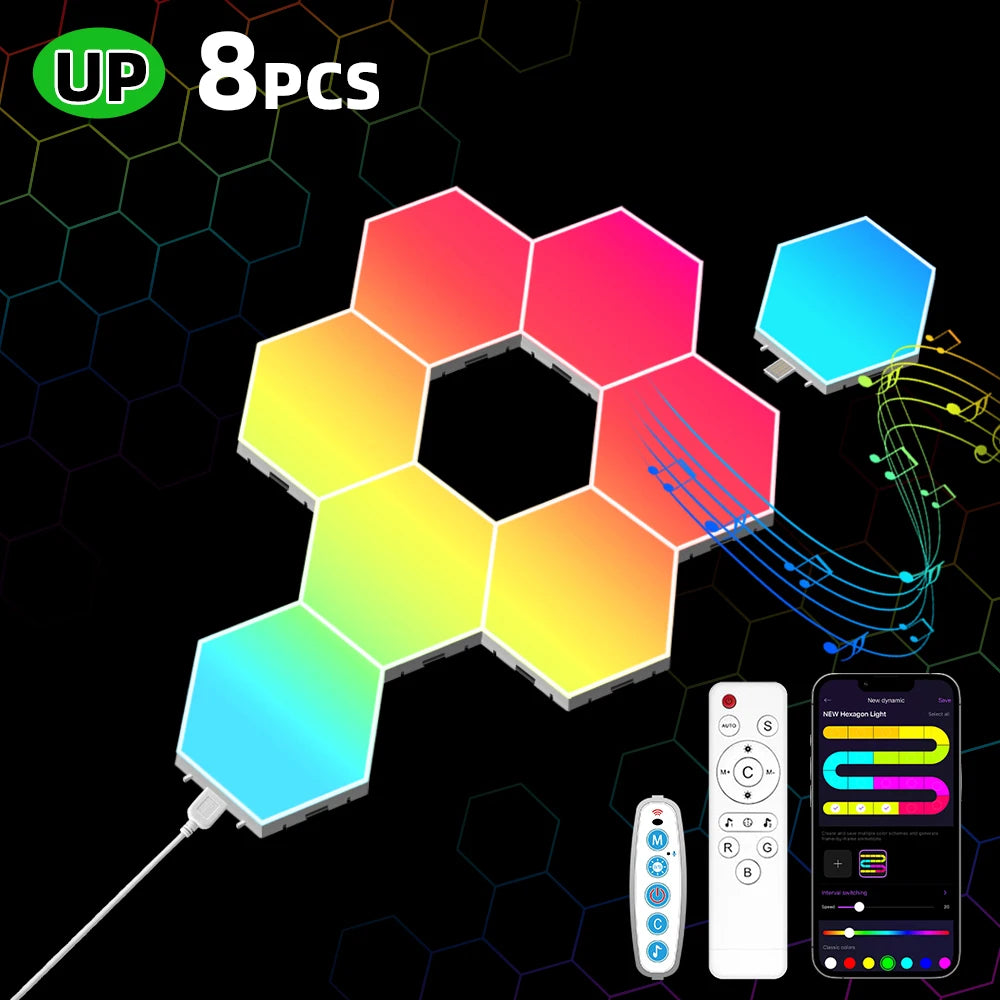RGB Intelligent Hexagonal Wall Lamp Color Changing Ambient Night Light Hexagona Shape MeRGBW APP DIY Music Sync Game Room Home