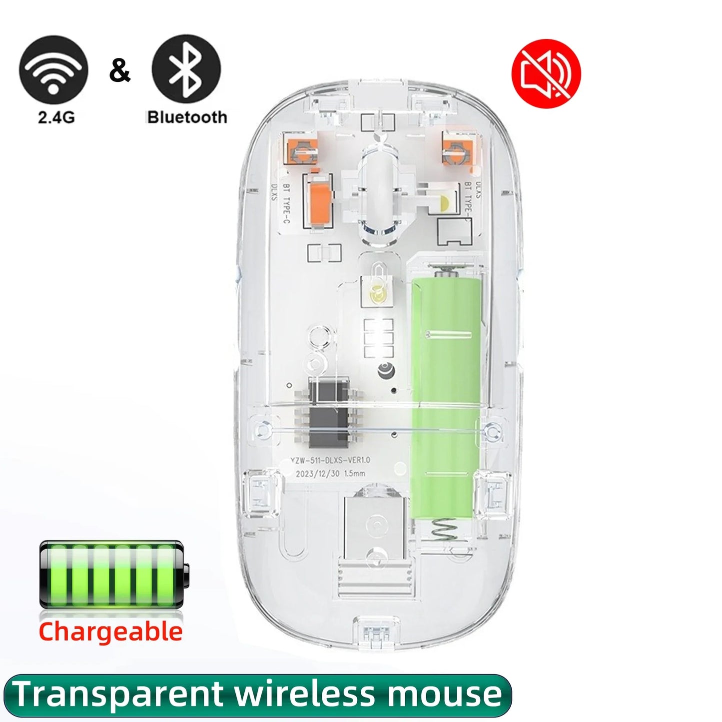 Dual-Mode Bluetooth Gaming Maus – Kabellos, 1600 DPI, Transparent Design