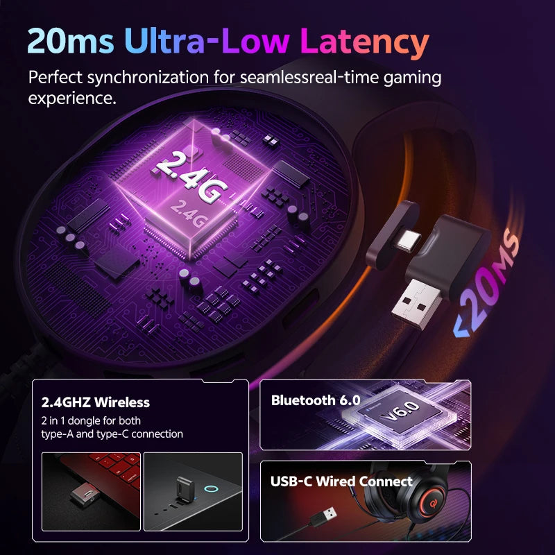 QCY Heroad V200 Over-Ear Headphones Bluetooth 6.0 Wireless Earphones 50mm Driver 7.1 Surround Sound RGB Gaming Headset with Mic