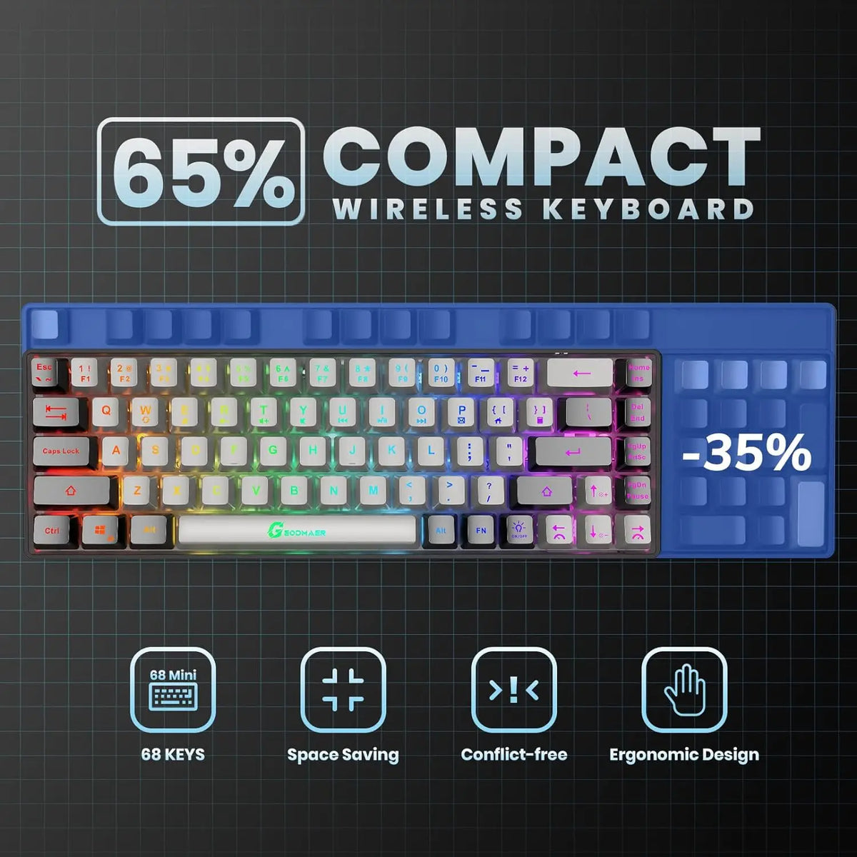 GEODMAER Wireless Gaming Keyboard Rechargeable Backlit Gaming Keyboard 68 Keys Membrane Keyboard for PC English/Spanish Layout