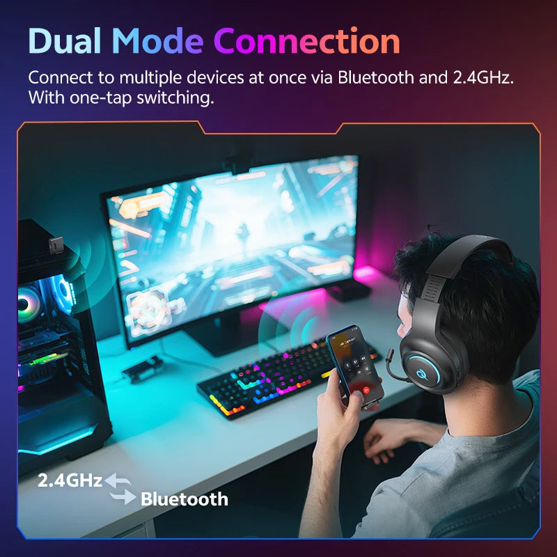 QCY Heroad V200 Over-Ear Headphones Bluetooth 6.0 Wireless Earphones 50mm Driver 7.1 Surround Sound RGB Gaming Headset with Mic