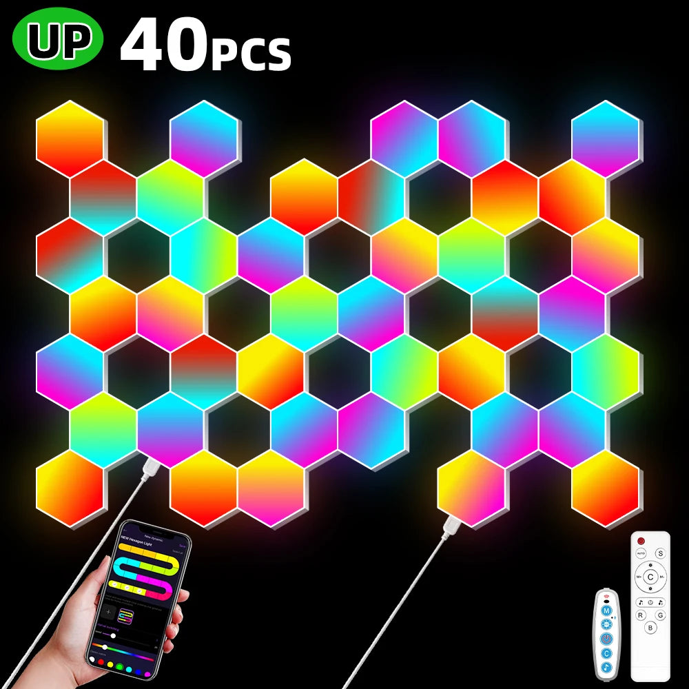 RGB Intelligent Hexagonal Wall Lamp Color Changing Ambient Night Light Hexagona Shape MeRGBW APP DIY Music Sync Game Room Home
