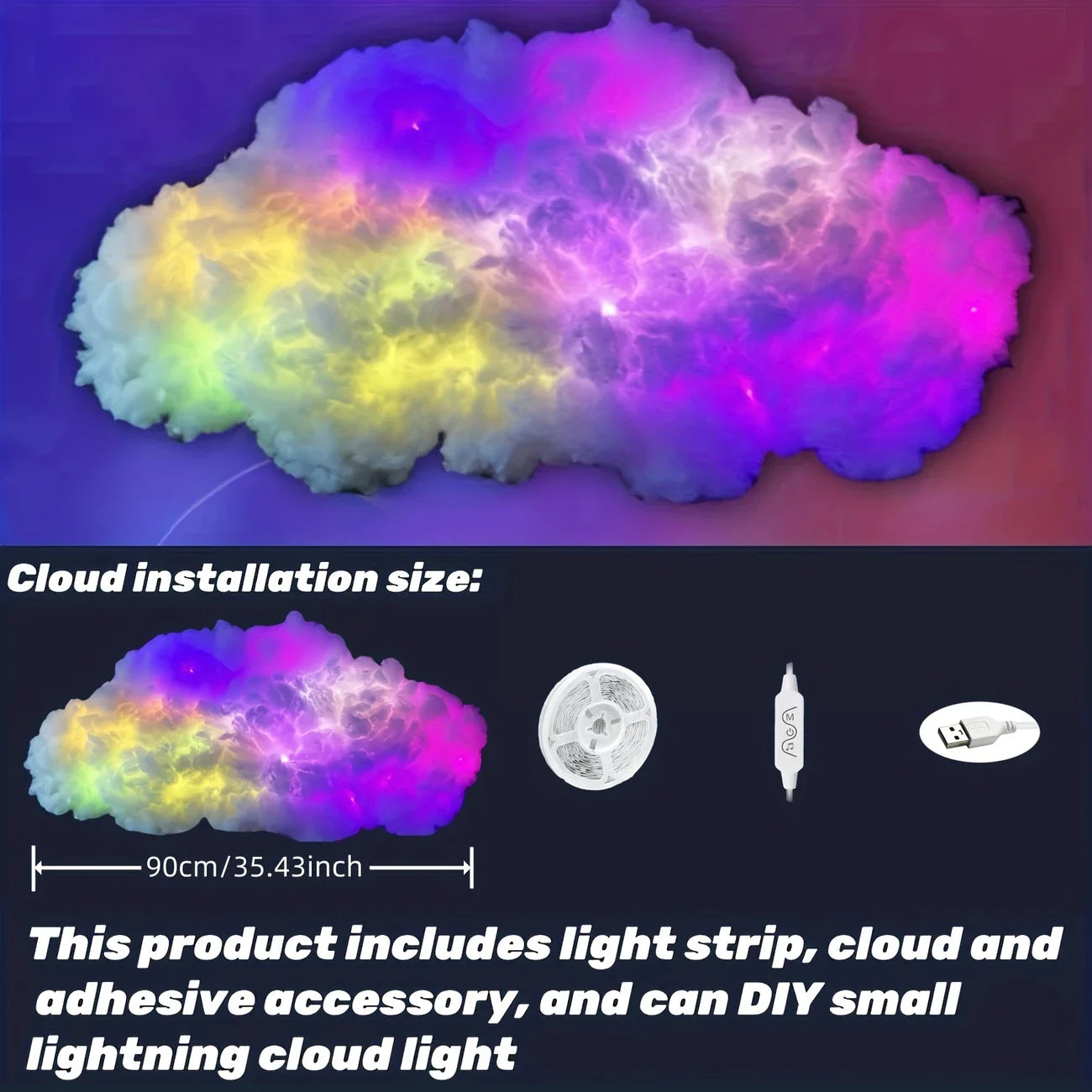 3D Gewitterwolke LED Nachtlicht | USB, RGB Strip, Gaming Zimmer Dekoration