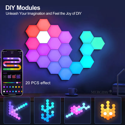 RGB Intelligent Hexagonal Wall Lamp Color Changing Ambient Night Light Hexagona Shape MeRGBW APP DIY Music Sync Game Room Home
