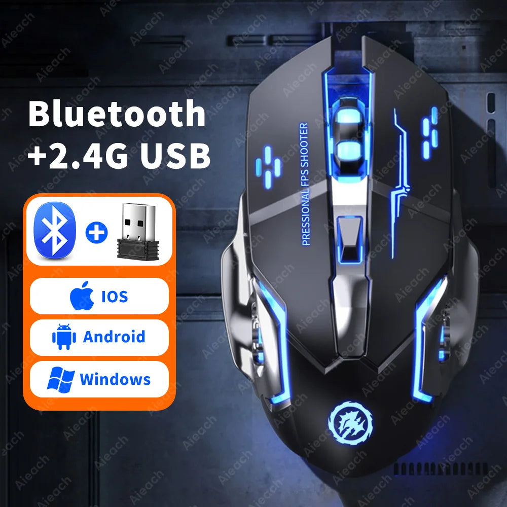 Kabellose Bluetooth Gaming Maus | 2.4G USB, Wiederaufladbar, RGB Beleuchtung