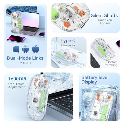 Dual-Mode Bluetooth Gaming Maus – Kabellos, 1600 DPI, Transparent Design
