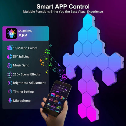 RGB Intelligent Hexagonal Wall Lamp Color Changing Ambient Night Light Hexagona Shape MeRGBW APP DIY Music Sync Game Room Home