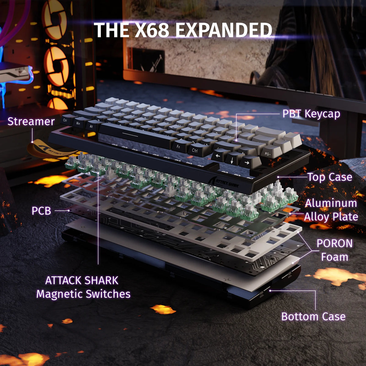 ATTACK SHARK X68 HE Rapid Trigger 8KHz Magnetic Keyboard, 0.01mm RT Accuracy, 60% Layout, RGB, Support RT/Snap Tap/DKS/MT/TGL