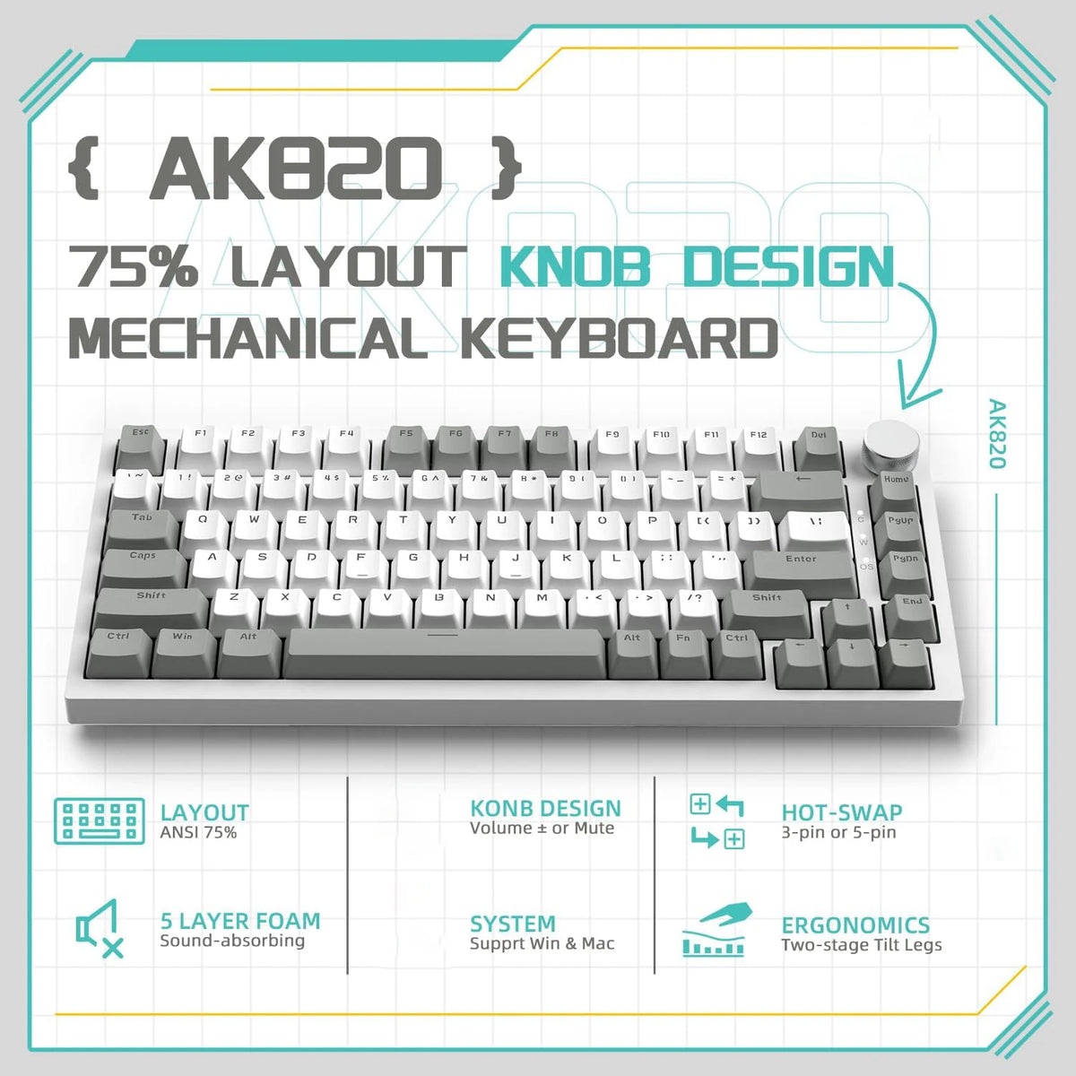 AJAZZ AK820 Mechanische Gaming Tastatur – Kabelgebunden, Hot-Swap, RGB Beleuchtung